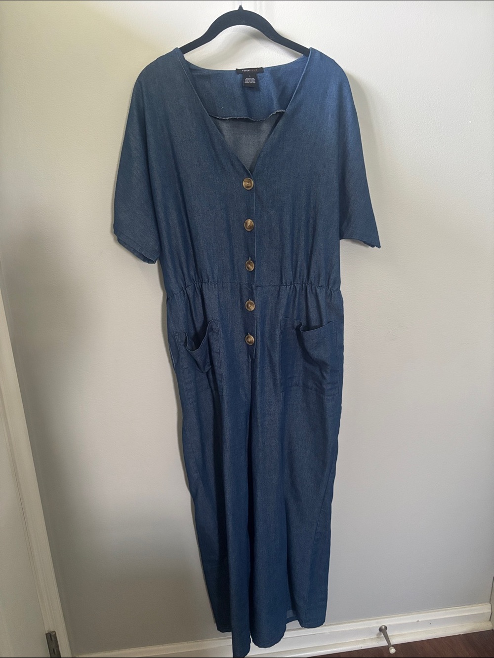 Robert Louis Denim Button-Front Short-Sleeve Jumpsuit